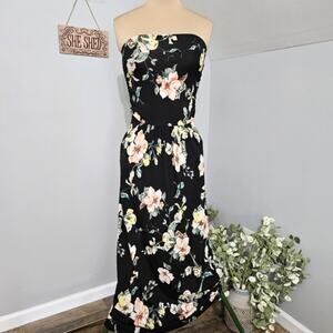 Parvenue Womens Strapless Maxi Dress Black Floral Pockets Large Blouson Waist